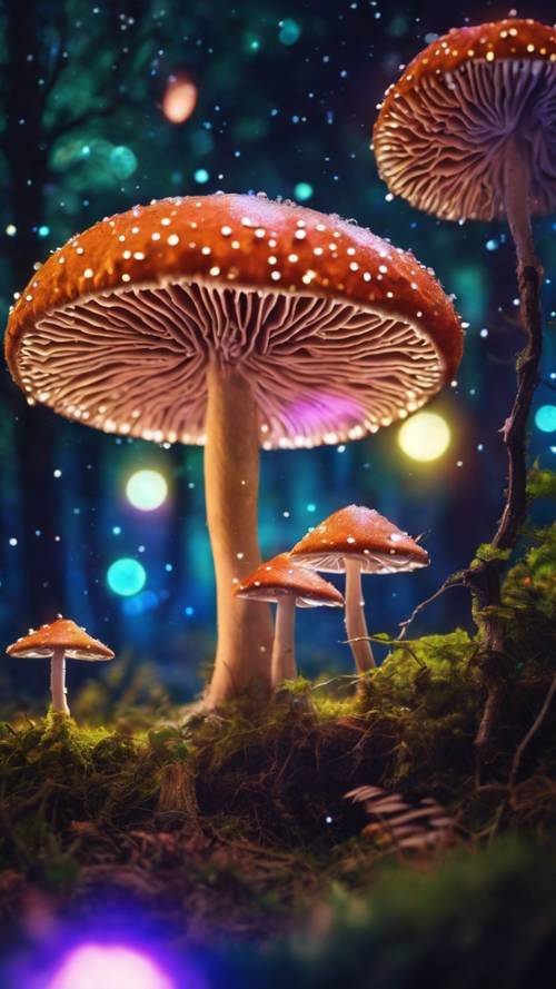 Jamur berpendar yang bersinar secara ajaib di hutan fantasi lebat di bawah malam berbintang yang semarak.