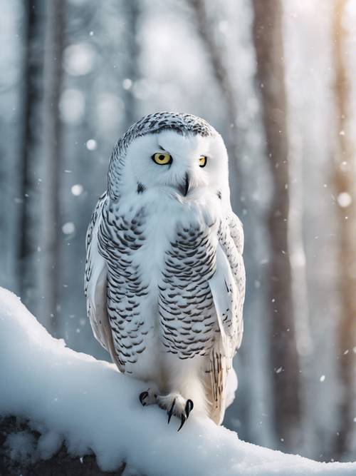 A majestic snow owl perched in a frosty winter forest.