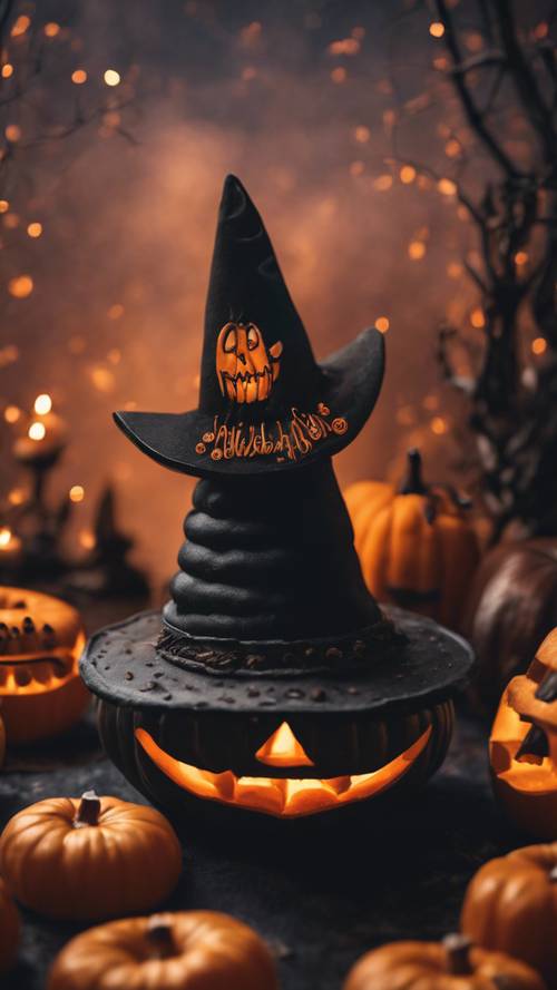 A spooky scene with jack-o-lanterns and a black witch's hat on a pumpkin-spiced donut.