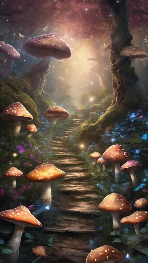 Un sentiero nascosto in una foresta magica, ricoperta di funghi e fiori luminosi.
