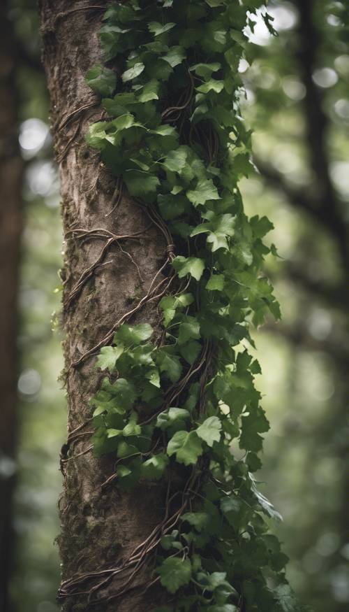 A thick vine wrapping around a deep forest tree.