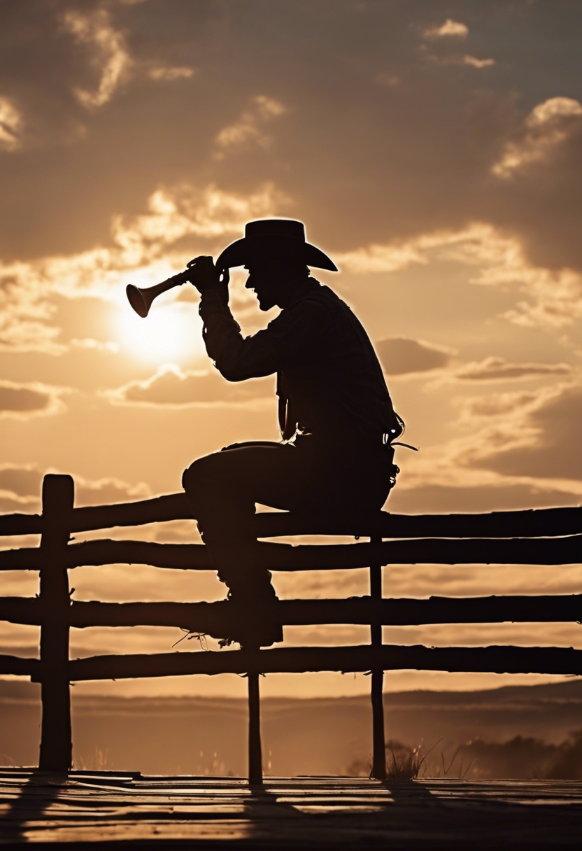A silhouette of a lone cowboy sitting on a wooden fence, harmonica in hand, serenading the setting sun. Tapet[68c77a6d7ff74464b10d]