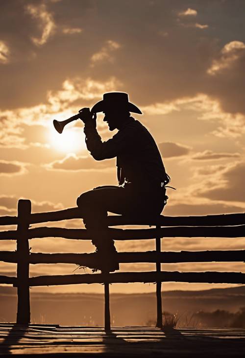 Sylwetka samotnego kowboja siedzącego na drewnianym płocie z harmonijką w dłoni i śpiewającego serenadę o zachodzie słońca. Tapeta [68c77a6d7ff74464b10d]