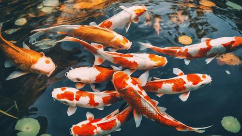 Ikan koi yang berwarna-warni berenang santai di kolam yang tenang pada hari Juli yang hangat.