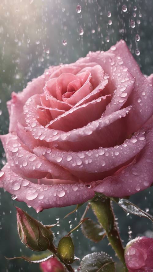Ein hyperrealistisches Ölgemälde, das eine blühende rosa Rose zeigt, umgeben von Tautropfen.