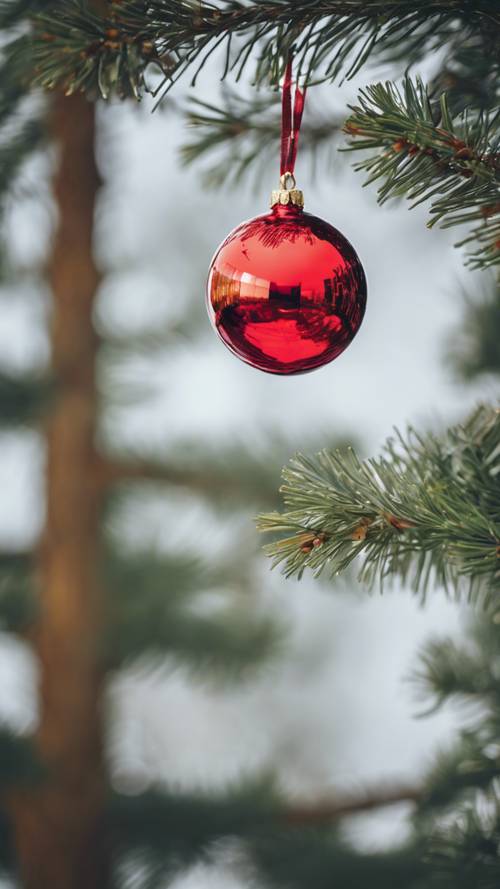 A shiny red and gold Christmas bauble hanging on a pine tree branch.
