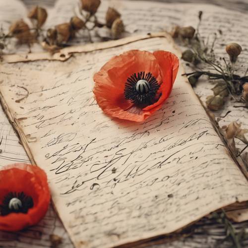 Vintage scrapbook page with pressed poppy flowers and handwritten notes.