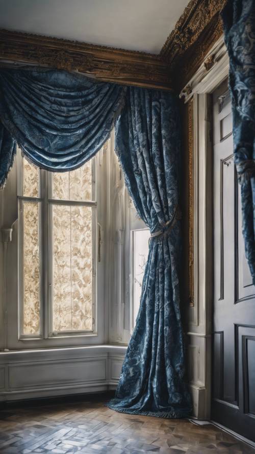Un grandiose rideau damassé bleu suspendu à une grande fenêtre dans un manoir victorien.