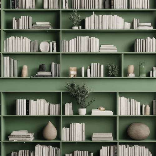 Libreria minimalista verde salvia organizzata per colore