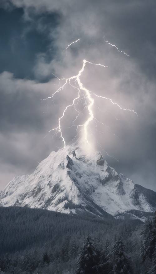 White lightning hitting the peak of a snow-clad mountain. Tapet [09b7f80470e34a41bb67]