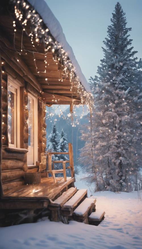 Eine rustikale Holzhütte in einer verschneiten Landschaft, dekoriert mit pastellfarbenen Weihnachtslichtern.