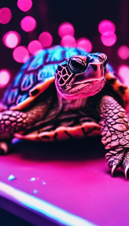 Uma tartaruga panqueca adulta sob uma luz neon rosa e azul.