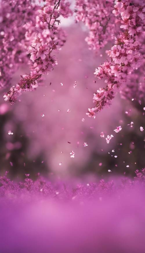 Bunga sakura merah muda berjatuhan lembut di atas hamparan bunga heather ungu.