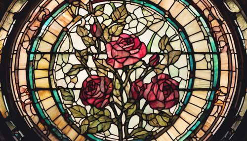 Jendela kaca patri bergaya Victoria menampilkan desain mawar vintage yang semarak.
