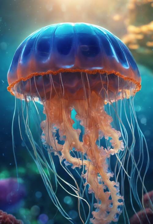Uma ilustração infantil de uma água-viva azul feliz em um mundo marinho colorido e imaginativo.