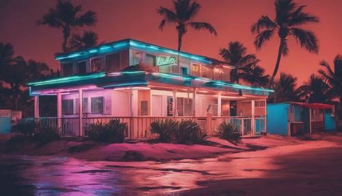 Un motel de playa de los años 70 con luces de neón y palmeras.