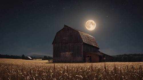 Yıldızlı bir gecede hasat ayının parıltısı altında bir ahır ve çiftçi tarlasının kırsal bir manzarası.