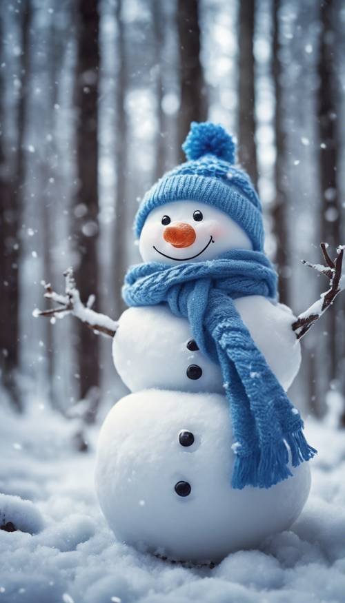 Um boneco de neve feliz usando um boné e um cachecol azuis em uma floresta de inverno