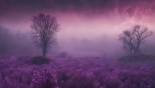 An eerie foggy landscape covered in a sheer layer of purple mystical smoke