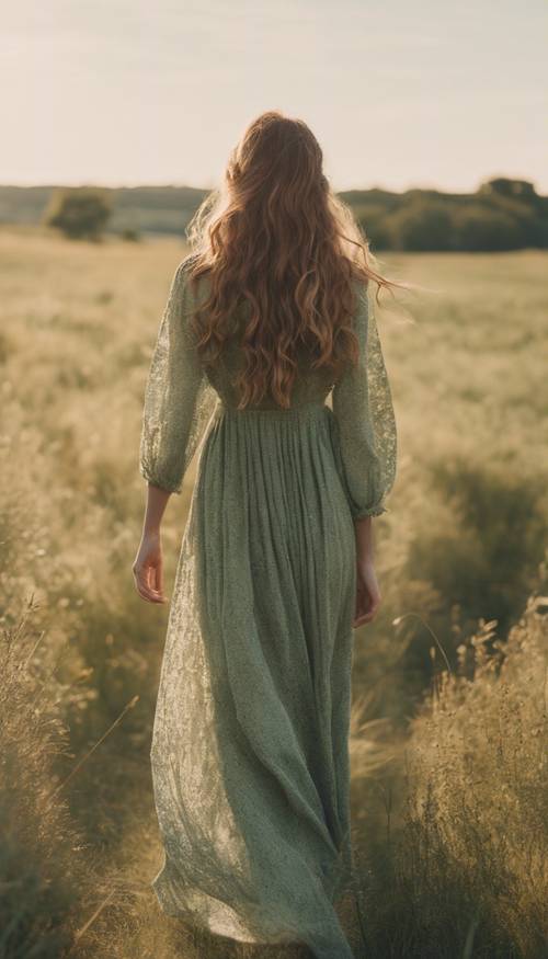 一個穿著鼠尾草綠色波西米亞風格長裙的女孩在陽光明媚的田野裡行走。