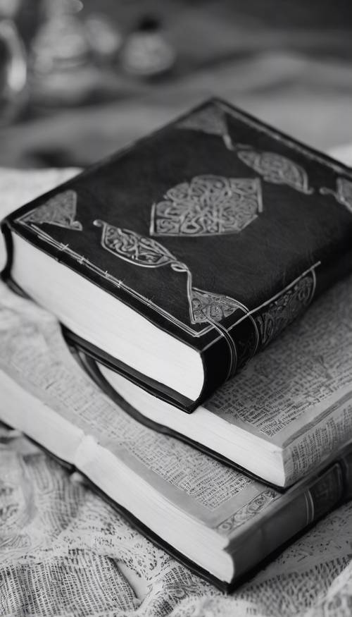 หนังสือปกหนังขาวดำ เป็นสัญลักษณ์ของยุคเรอเนซองส์ นอนเปิดอยู่ภายใต้แสงแดดอันนุ่มนวลและอบอุ่น