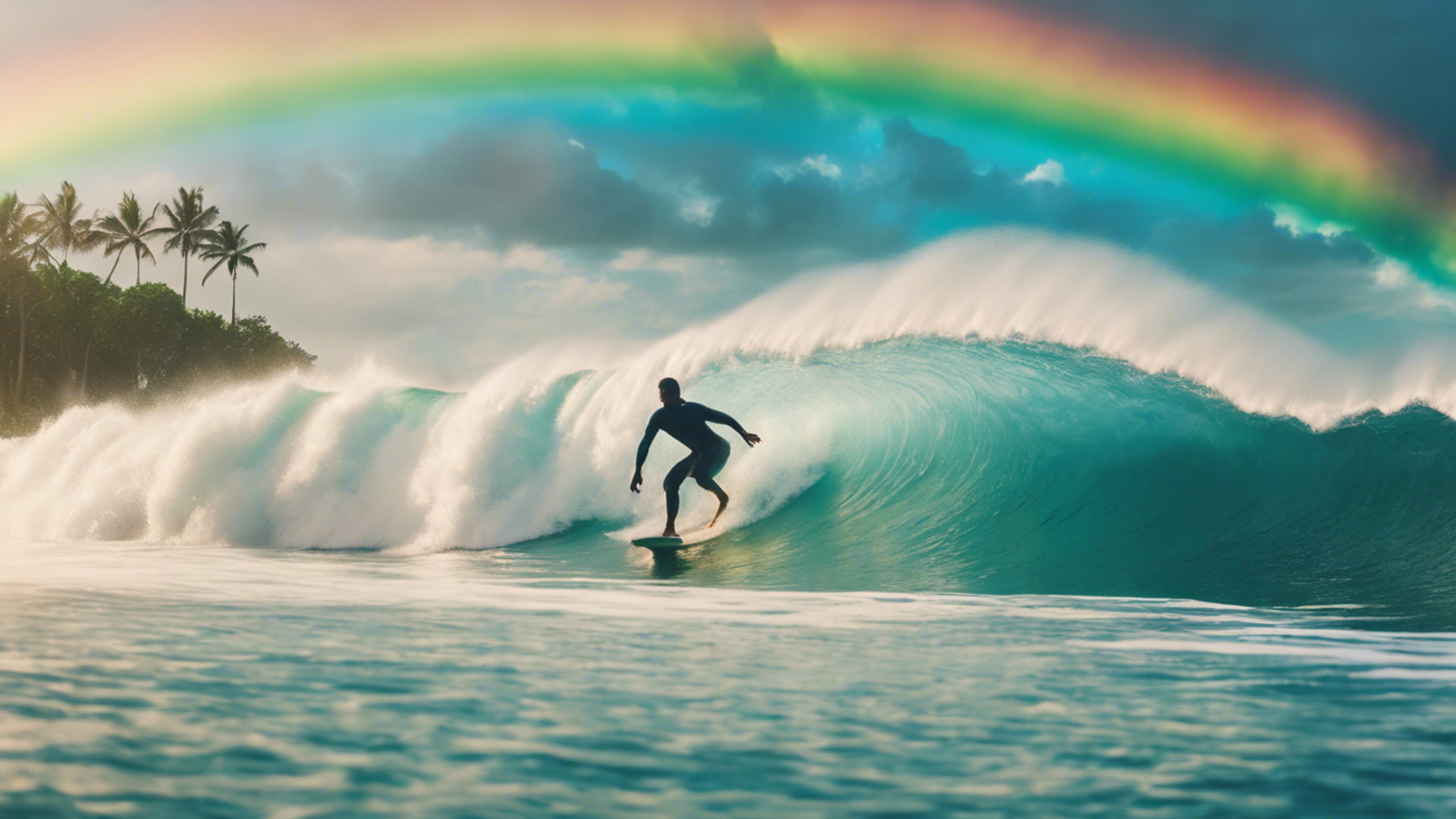 A spontaneous man surfing on a giant wave under a scintillating rainbow in a tropical ocean. Taustakuva[41deec9b24da40d39c6d]