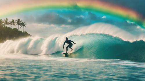 A spontaneous man surfing on a giant wave under a scintillating rainbow in a tropical ocean.