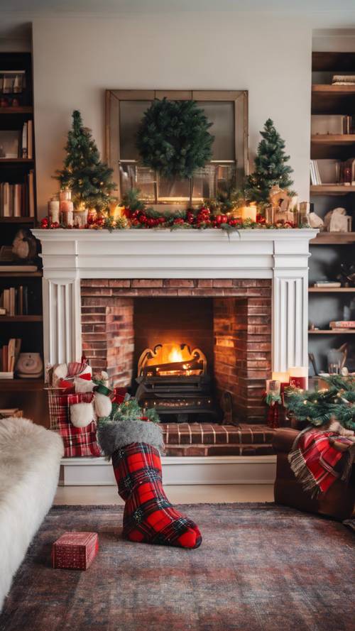 Ruang tamu Natal bergaya preppy dengan perapian batu bata, stoking tartan, dan bantal bermotif paisley.