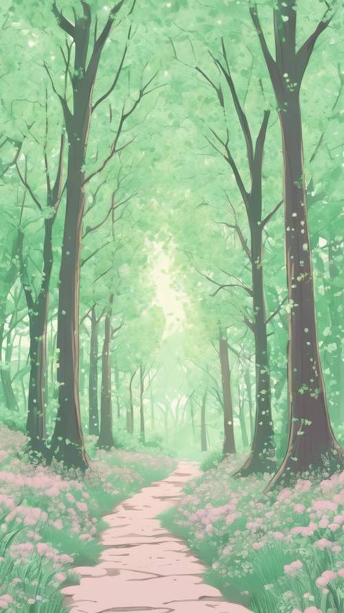 Une forêt printanière vert pastel, illustrée dans un joli style kawaii.