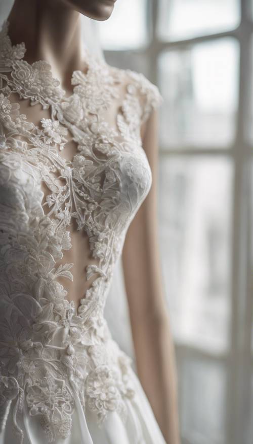 A luxurious white wedding dress displaying intricate lace details on a mannequin.
