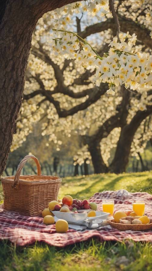 A whimsical picnic scene under a large oak tree, complete with a vintage plaid blanket, a basket of fresh country fruits, and a surrounding of wild daffodils.