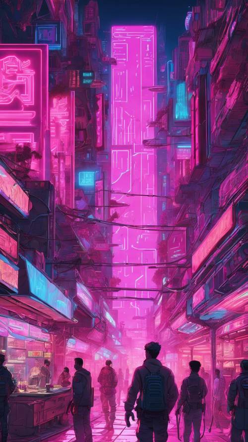 Papan reklame holografik biru bersinar terang dalam suasana pasar cyberpunk berwarna merah jambu dan berasap.