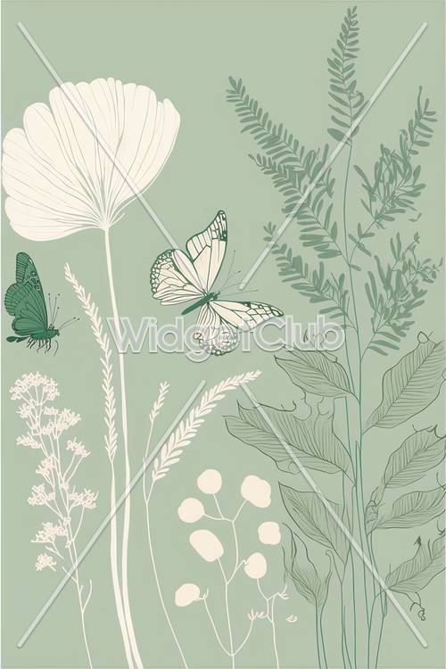 Бабочки и природа зеленая иллюстрация
