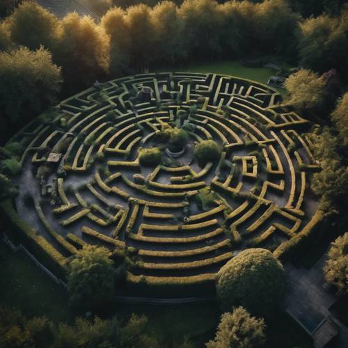Une vue aérienne d&#39;un jardin labyrinthe sombre au crépuscule.