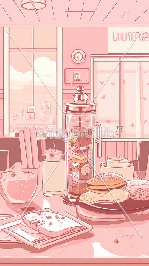 간식과 음료 배경이 있는 핑크색 식당 장면