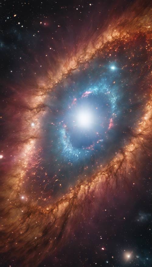Eine Nahaufnahme eines Quasars im Kern einer jungen Galaxie, der helles, intensives Licht aussendet. Hintergrund [3395df6538494076aa6c]