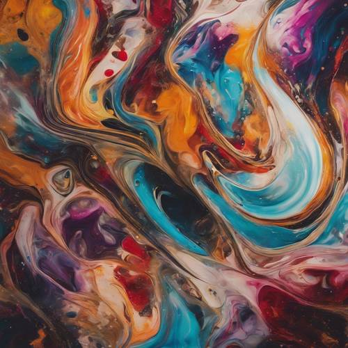 An abstract painting full of swirling colors and bold, energetic shapes.