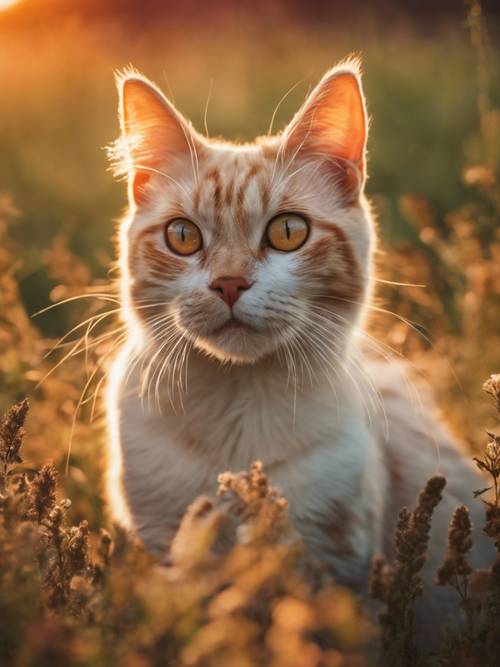 Um gato Maine Coon aventureiro explorando uma campina selvagem sob um pôr do sol laranja vibrante.