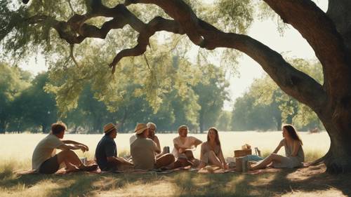 I partecipanti al picnic si rilassano sotto una vecchia quercia, godendosi la brezza fresca in una calda giornata di luglio.