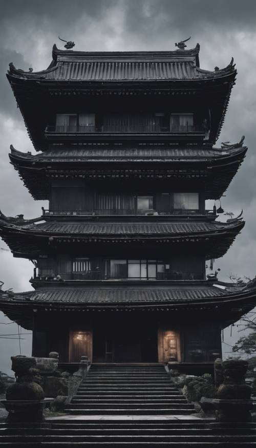 Old black Japanese architecture seen against the backdrop of a dark, overcast sky.