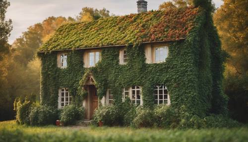 Elegant ivy-covered cottage in the countryside in early fall.