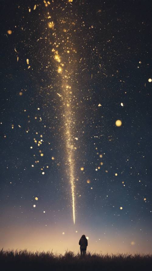 A shooting star in the night sky, shedding golden dust as it zooms by, a magical spectacle.