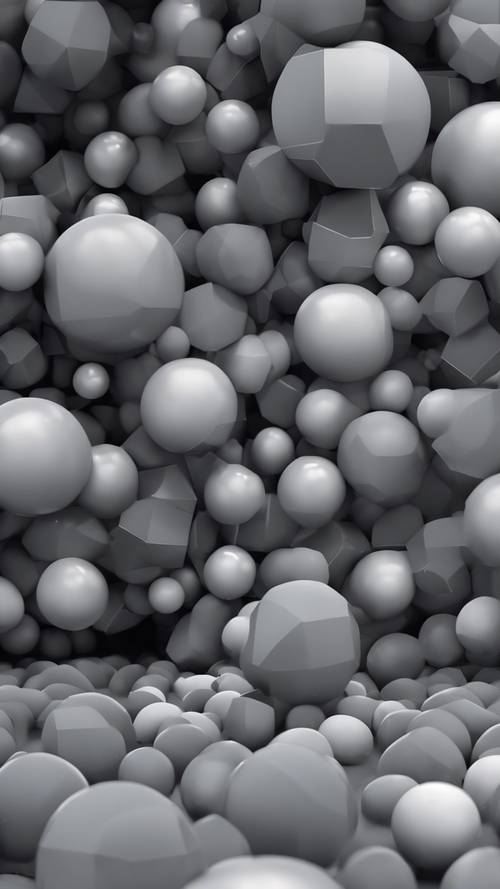 אמנות גיאומטרית תלת מימדית דיגיטלית בהדרגות אפור הכוללות כדורים וקוביות.