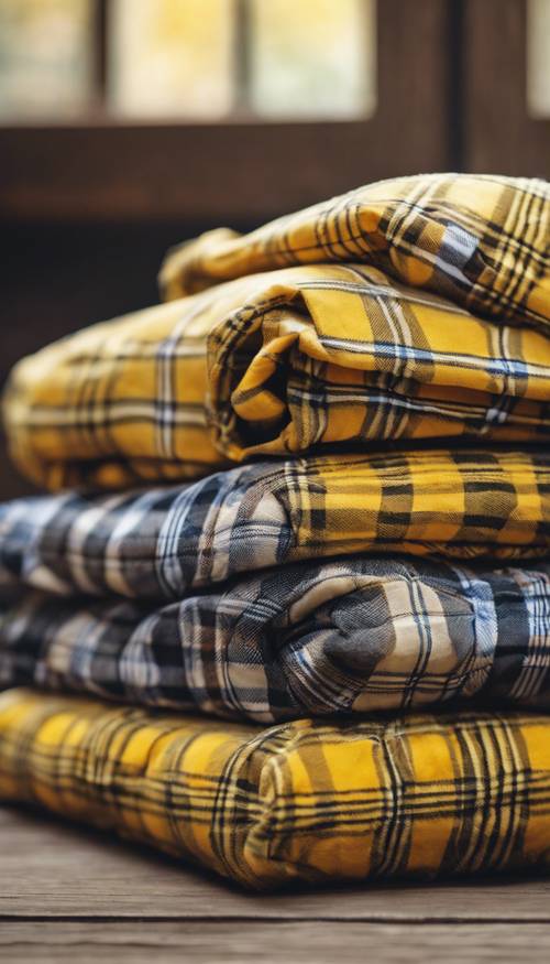 Uma pilha de camisas de flanela xadrez amarelas vintage dobradas ordenadamente sobre uma mesa de madeira.