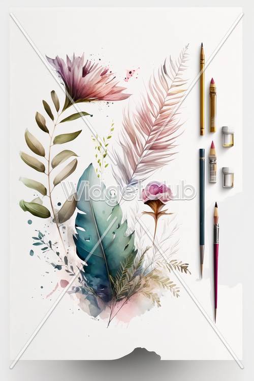 Colorful Artistic Feathers with Pencils and Paint Brushes