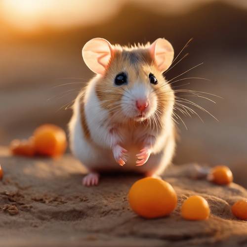 An alert Chinese hamster exploring its surroundings under the warm orange glow of sunset.