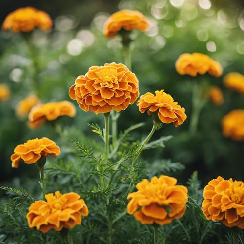 A marigold flower blossoming against a lush, green garden background.