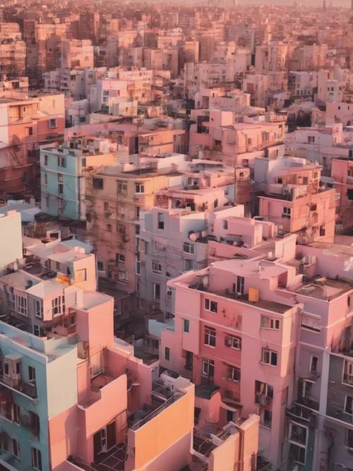 Une ville animée au coucher du soleil avec une architecture pastel de l&#39;an 2000 et des motifs artistiques.