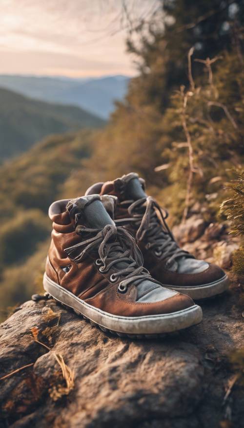 Well-worn sneakers on a rugged trail high up in the mountains during the early morning sunrise.