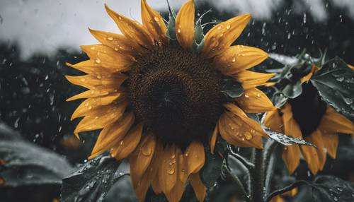 A moody monochrome photograph of a dark sunflower in the rain.